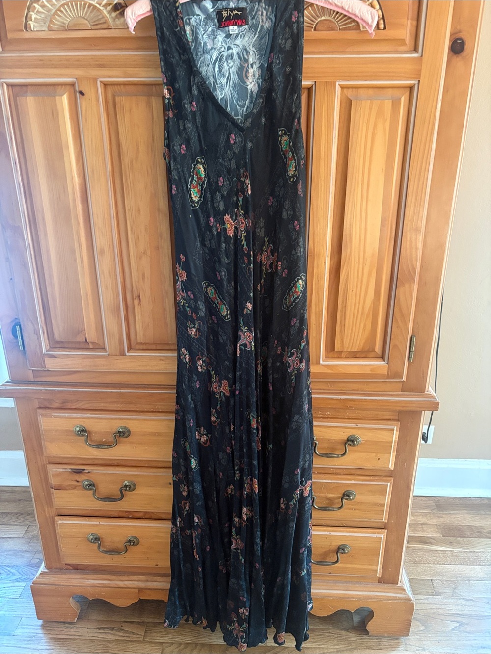 Johnny Was Black Maxi Dress with Pink and Green Floral Motif